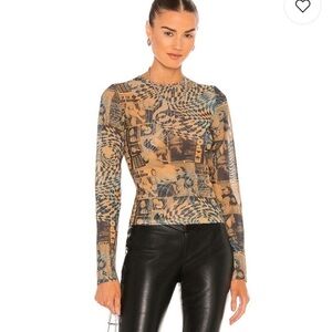 Miaou Graphic Long Sleeve Top in Tan and Blue